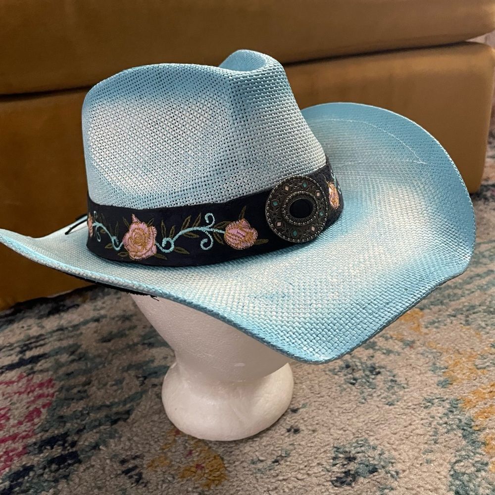 Angela &William Women's Western Straw Hat w/Badge and Floral Trim Blue